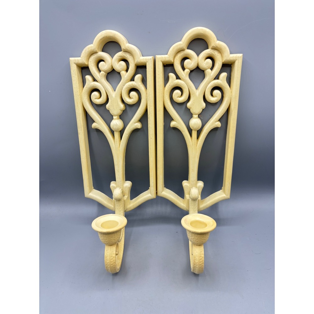 Vtg Homco‎ Pair Ornate Scroll Wall Sconces Cream Beige Candle Holder MCM